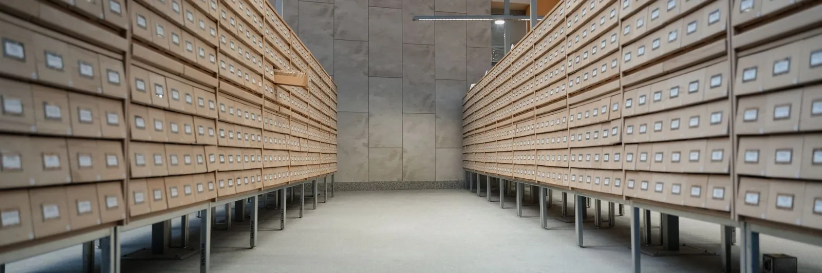 Two long symmetrical rows of wooden archive registry drawers with blank index labels