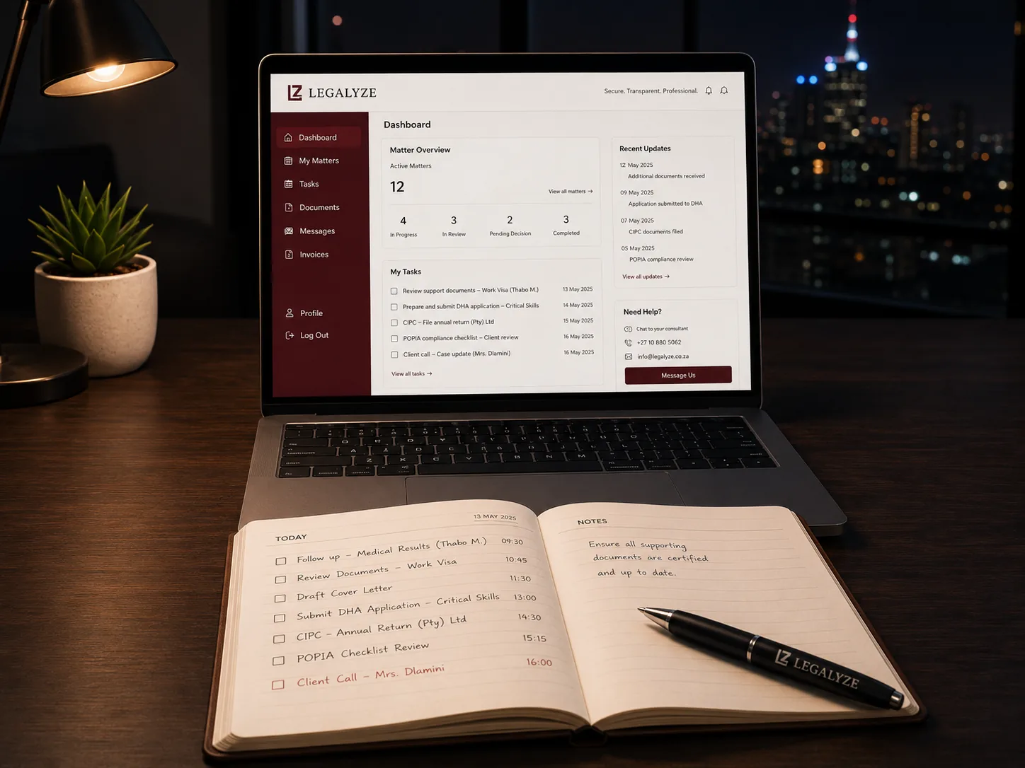 Legalyze client portal shown on a laptop beside an active diary